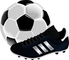 a black and white soccer ball next to a pair of adidas shoes on a white background