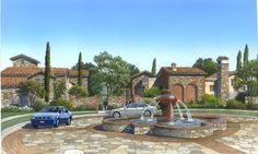 two cars are parked in front of a house with a fountain on the ground and trees