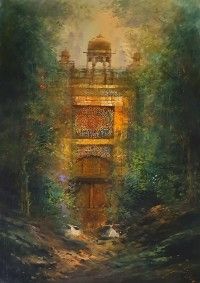 an oil painting of a building in the middle of a forest with trees around it