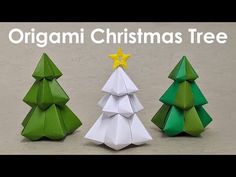 three origami christmas trees in different colors and sizes with the words organic christmas tree