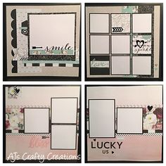 four different layouts for a scrapbook with the words lucky us and some flowers