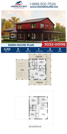 two story house plan with 2 car garage and living room, attached to the second floor