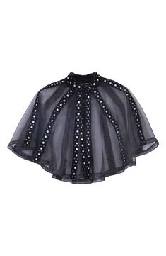 Enhance your party-ready look with this sheer cape that's trimmed with embellished velvet. Front tie closure Jewel neck Short sleeves 100% polyester Hand wash, line dry Imported Black Capelet For Party, Black Party Capelet, Colorblock Crochet, Sheer Cape, Contemporary Accessories, Concert Looks, Velvet Trim, Designer Crossbody Bags, Contemporary Outfits