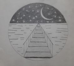 a pencil drawing of a stairway leading to the moon and stars in the night sky