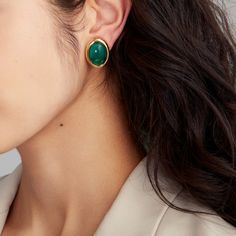 Add a touch of elegance to your look with our Dahlia Earrings. These clip-on earrings in green with gold accents are the perfect accessory for an effortless style. Classic Green Clip-on Earrings, Pierced Green Gold-plated Earrings, Green Gold-plated Pierced Earrings, Green Plated Earrings For Formal Occasions, Formal Green Earrings With Metal Plating, Green Gold-plated Earrings, Formal Green Plated Earrings, Classic Single Green Earring, Green Oval Clip-on Earrings