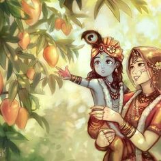 two women standing next to each other in front of orange trees with fruit on them