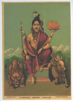 a painting of a woman sitting on a bench with two animals and holding a fire