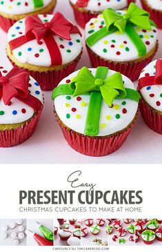 cupcakes decorated with bows and ribbons are displayed on a white tablecloth, surrounded by the words easy present cupcakes christmas cakes to make at home