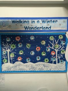 a bulletin board with trees and snowflakes in the background, along with a sign that says walking in a winter wonderland