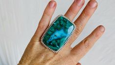 An amazing stone and beautiful oversized ring created for us by a Taxco artisan.  Sterling silver band and bezel. Size 7. Oversized Ring, Azurite Malachite, Handcrafted Artisan Jewelry, Southern Style, Sterling Silver Bands, Silver Band, Rings Statement, Sterling Silber, Artisan Jewelry