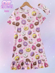 Tween Girls' Donut Printed Short Sleeve Nightgown With Headband, Home Pajamas Pink Cute  Short Sleeve Fabric All Over Print  Medium Stretch  Tween Girls Clothing, size features are:Bust: ,Length: ,Sleeve Length: Cute Multicolor Sleepwear For Pajama Party, Cute Cartoon Print Sleepwear, Sweet Cotton Sleepwear For Sleepover, Kawaii Multicolor Sleepwear For Sleepover, Multicolor Kawaii Sleepwear For Sleepovers, Pink Sweet Sleepwear For Bedtime, Sweet Pink Sleepwear For Bedtime, Kawaii Cartoon Print Sleepwear For Sleepover, Pink Kawaii Sleepwear With Cartoon Print