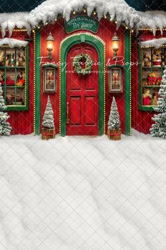 a red house with christmas decorations and lights on it's front door in the snow