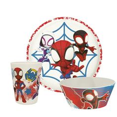 spiderman paper plates and cups are on display