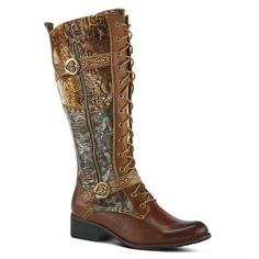 women's boots with zippers and chains on the bottom, brown leather upper