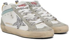 Handcrafted mid-top buffed leather and suede sneakers in off-white. · Smudging and perforated detailing throughout · Logo-printed lace-up closure · Logo patch at tongue · Padded collar · Signature star appliqué at outer side · Gold-tone logo stamp at outer side · Pull-loop at heel collar · Logo printed at heel tab · Suede and terrycloth lining · Treaded rubber sole Available exclusively at SSENSE. Supplier color: White Designer High-top Sneakers With Perforations, Golden Goose Mid Star, Golden Goose Mid, Glitter Sneakers, Golden Goose Sneakers, Golden Goose Shoes, Golden Goose Deluxe Brand, Navy And Brown, Mid Top