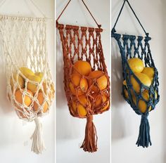 three different types of macrame hangings with oranges in the middle and lemons in the bottom