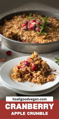 cranberry apple crumble on a white plate next to a pan of cranberries