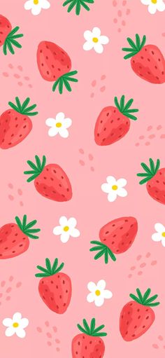 a pink background with strawberries and daisies on the bottom right hand corner is an iphone wallpaper