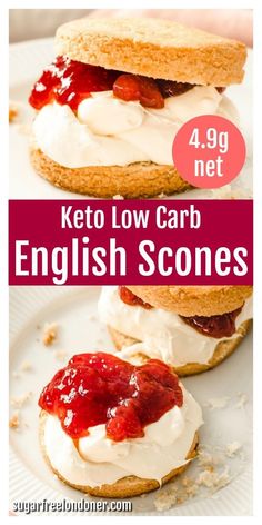 keto low carb english scones with cream cheese and strawberry jam on top