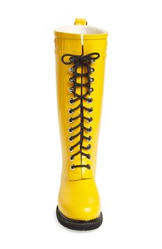 A waterproof rain boot handcrafted from natural rubber sports a sturdy lace-up design and a lightweight sole for a rainy-day lift. 1" heel (size 38). 13 3/4" boot shaft; 15 1/2"  - 21 1/2" calf circumference. Wide calf. Rubber upper/cotton fleece lining/rubber sole. By Ilse Jacobsen Hornbæk; imported. Women's Shoes. Sporty Waterproof Boots For Spring, Yellow Waterproof Boots For Fall, Waterproof Yellow Boots For Fall, Waterproof Lace-up Boots For Spring, Casual Waterproof Lace-up Rain Boots, Waterproof Lace-up Spring Boots, Yellow Waterproof Lace-up Boots, Yellow Waterproof Rain Boots, Ilse Jacobsen