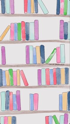 a drawing of bookshelves with different colored books on the shelves in front of them