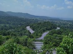 an aerial view of a winding road surrounded by trees