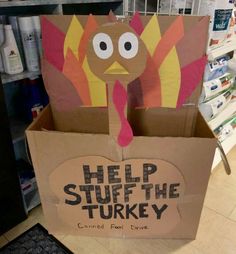 a cardboard box with a turkey cut out of it's head in the middle