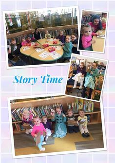 the children are posing for pictures at the library