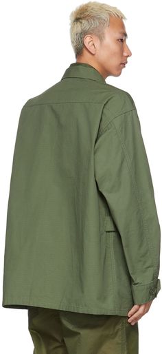 Long sleeve cotton ripstop jacket in green. · Spread collar · Concealed button closure at front · Flap pockets at chest and waist · Adjustable buttoned-tab at side-seams · Two-button barrel cuffs Supplier color: Olive Green Jungle, Engineered Garments, Cotton Jacket, Luxury Streetwear, Sleeve Cotton, Military Jacket, Long Sleeve Tshirt Men, Barrel, Bomber Jacket