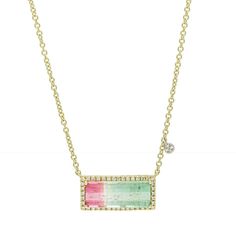 This Meira T Watermelon Tourmaline Diamond Necklace In 14k Yellow Gold Is A Beautiful, Elegant Piece Perfect For Layering Or Wearing Alone. The Necklace Features A Watermelon Tourmaline Stone Set In 14k Yellow Gold, Accented By A Delicate Row Of Diamonds For Added Sparkle. The Watermelon Tourmaline Stone Showcases A Beautiful Blend Of Pink And Green Hues, Creating A Unique And Eye-Catching Centerpiece. The Diamonds On The Necklace Add A Touch Of Elegance And Sophistication, Catching The Light Be Formal Yellow Gold Tourmaline Necklace, Luxury Oval Tourmaline Necklace, Luxury Gold Tourmaline Necklaces, Multicolor Faceted Tourmaline Necklaces, Mother Of Pearl Rose, White Topaz Necklace, Diamond Charm Necklace, Watermelon Tourmaline Necklace, Diamond Initial Necklace