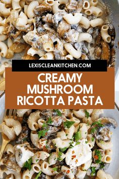 creamy mushroom ricotta pasta with mushrooms and parsley