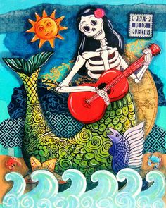 a painting of a skeleton playing a guitar on top of a fish in the ocean