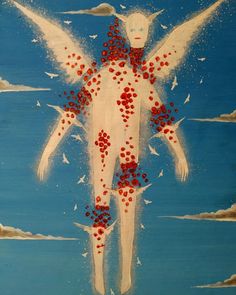 a painting of an angel with red dots on it's body and wings, surrounded by birds