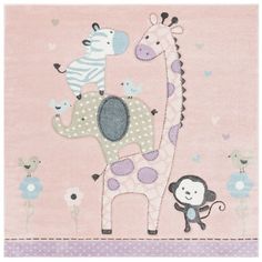 a pink rug with animals and giraffes on it