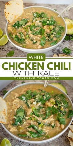 This soup recipe for dinner featuring white chili comes together in just one pot! It's a fall comfort food idea the whole family will love. Not only is this White Chicken Chili with Kale hearty and flavorful, but it is also healthy! White Chicken Chili Creamy, Chicken And Kale Soup, Healthy White Chicken Chili, Chicken Kale Soup, White Chicken Chili Healthy, White Chili, Gluten And Dairy Free