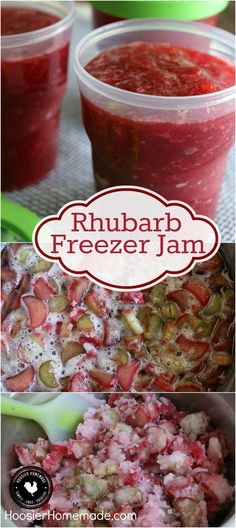 three different pictures with the words rhubarb freeze jam