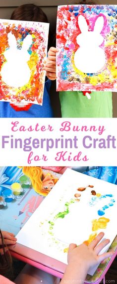 two children holding up easter bunny fingerprint crafts for kids