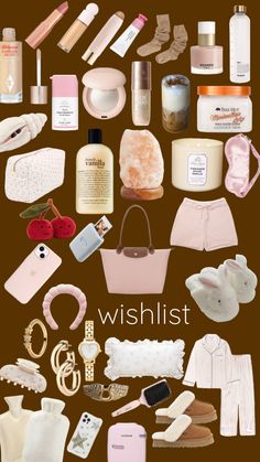 the contents of a woman's purse are arranged on a brown background with words that read wishlist