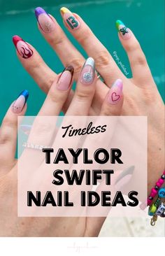 13 TIMELESS TAYLOR SWIFT INSPIRED NAIL DESIGNS | This post has 13 Timeless Taylor Swift Inspired Nail Designs. These Nail ideas are cute, fun and would make great ideas for any Swiftie! | Nail trends, nail ideas, and nail inspo | Viral Nails | Swiftie | Eras Tour Red Era Taylor Swift Nails, Taylor Swift Manicure Eras, Eras Nail Ideas, Taylor Swift Dip Nails, Taylor Swift Nail Inspo Eras, Taylor Swift Eras Nails With Ttpd, Taylor Swift Midnights Era Nails, Short Taylor Swift Nails, Taylor Swift Nail Ideas Eras