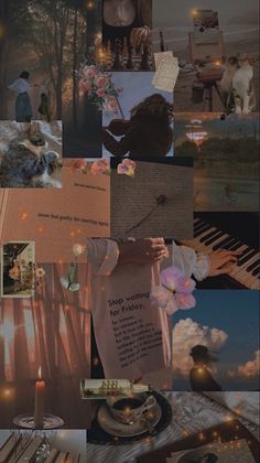 a collage of photos with people and flowers on them, including an image of a person sitting at a piano