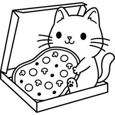 a black and white drawing of a cat sitting in a box holding a pizza pie