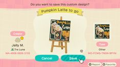 an animal crossing game screen showing the pumpkin latte to go menu and other items