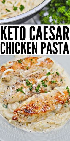 chicken parmesan casserole on a white plate with the words low carb caesars chicken pasta