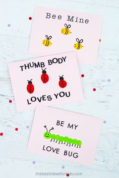 two handmade valentine cards with the words hum body loves you and bee mine on them