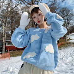 Kawaii Cloud, Full Sleeves Design, Aesthetic Clothing Stores, The Cardigans, Winter Collars, Cozy Knit Sweater, Blue Clouds, Cozy Sweatshirts, Printed Sweater