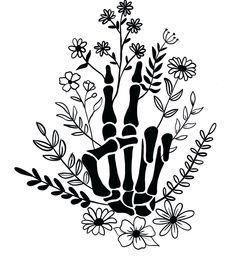 a black and white drawing of a hand with flowers in the middle on a white background