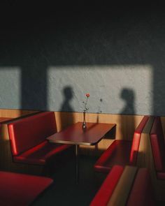 the shadow of a vase with a flower on it is cast by two red booths