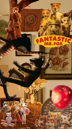 an advertisement for fantastic mr fox with many different animals in the background and on top of it