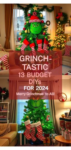 Grinchmas decorations Cheap Diy Grinch Decorations, Classy Grinch Decor, Diy Grinch Garland, Grinch Fireplace Mantle, Whoville Decorations Diy, Grinch Mantle, Grinch Diy Christmas Decorations, Grinch Centerpiece Ideas, Grinch Wreath Ideas