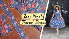 a woman wearing a dress and hat standing next to a door with the words zero - waste tiered dress on it